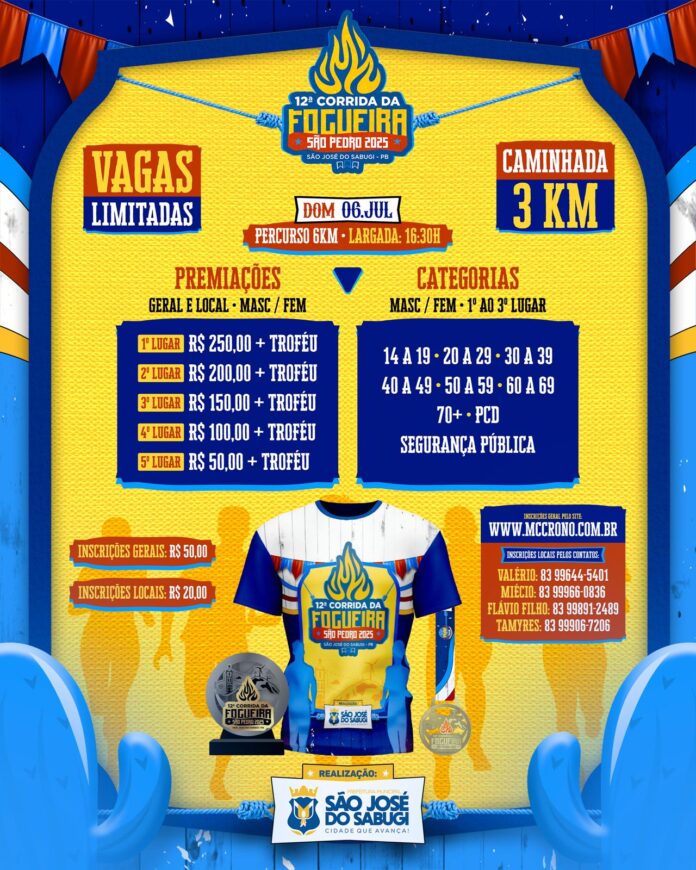 Inscrições abertas para a 12ª Corrida da Fogueira em São José do Sabugi: esporte, tradição e premiações no São Pedro 2025