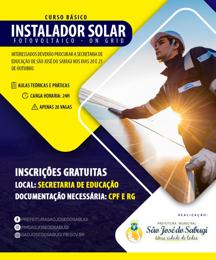 Prefeitura de São José do Sabugi oferece curso gratuito de Instalador Solar Fotovoltaica