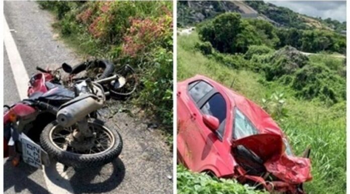Colisão entre carro e moto deixa dois adultos e uma criança mortos, em Itaporanga neste domingo (28)