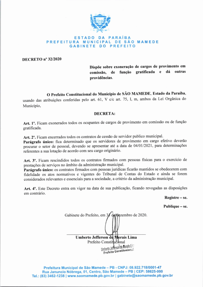 Prefeito reeleito de São Mamede realiza reforma administrativa e exonera todos os cargos de comissão