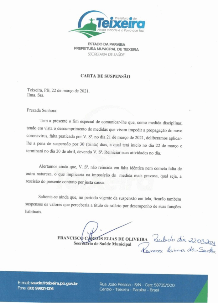 Prefeitura de Teixeira demite funcionária que participou de 