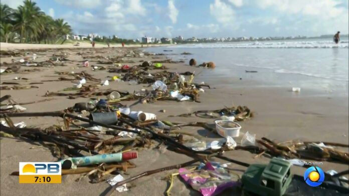Grande quantidade de lixo 'invade' praia do Bessa, em João Pessoa, e moradores limpam local