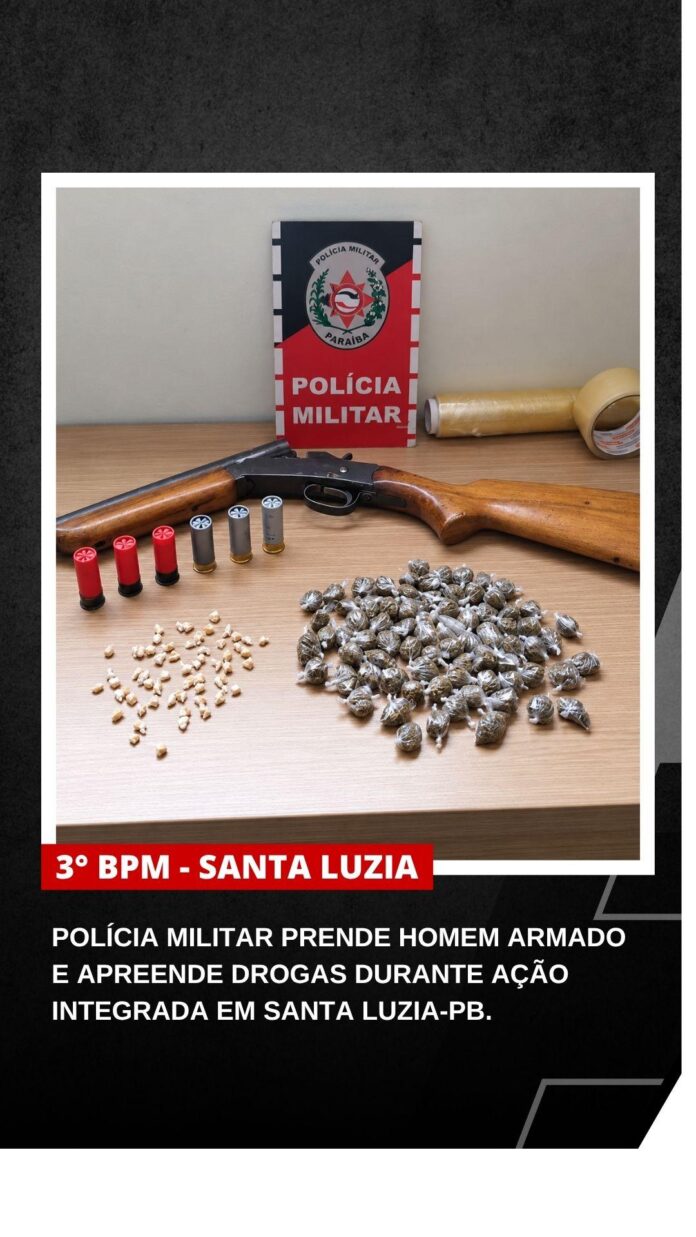 Espingarda calibre 12, munições e porções de maconha e crack apreendidas pela PM em Santa Luzia-PB