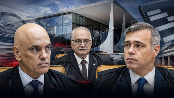 Imagem ilustrativa sobre a crise no STF envolvendo Alexandre de Moraes, André Mendonça, Edson Fachin e os desdobramentos do caso Banco Master. Arte produzida com inteligência artificial.
