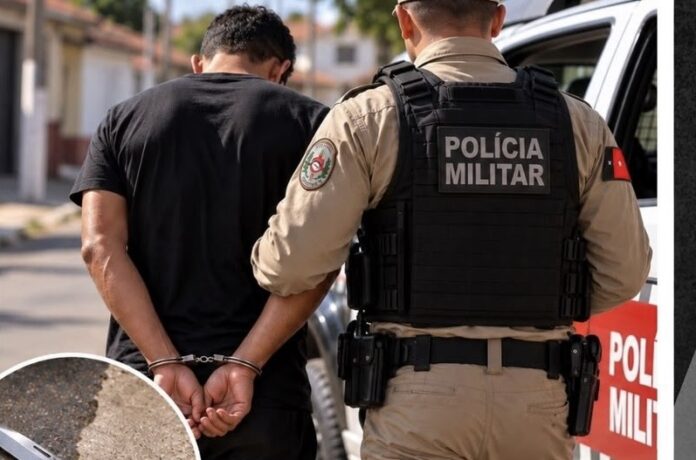 Ilustração gerada por IA de policial militar conduzindo homem algemado em São José do Sabugi, com canivete em destaque